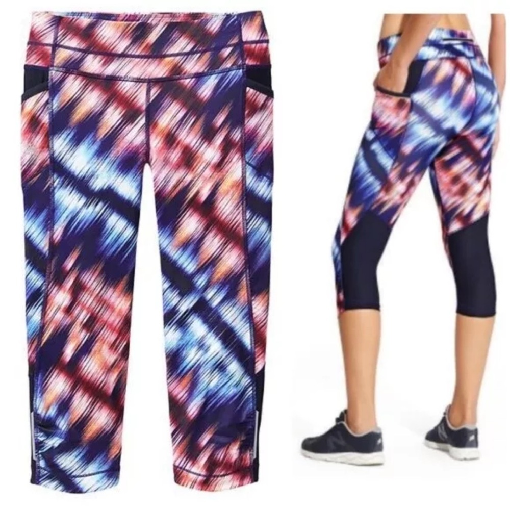 Athleta Zoom Be Knicker Crop Tights Small Pockets Purple Pink‎ Navy